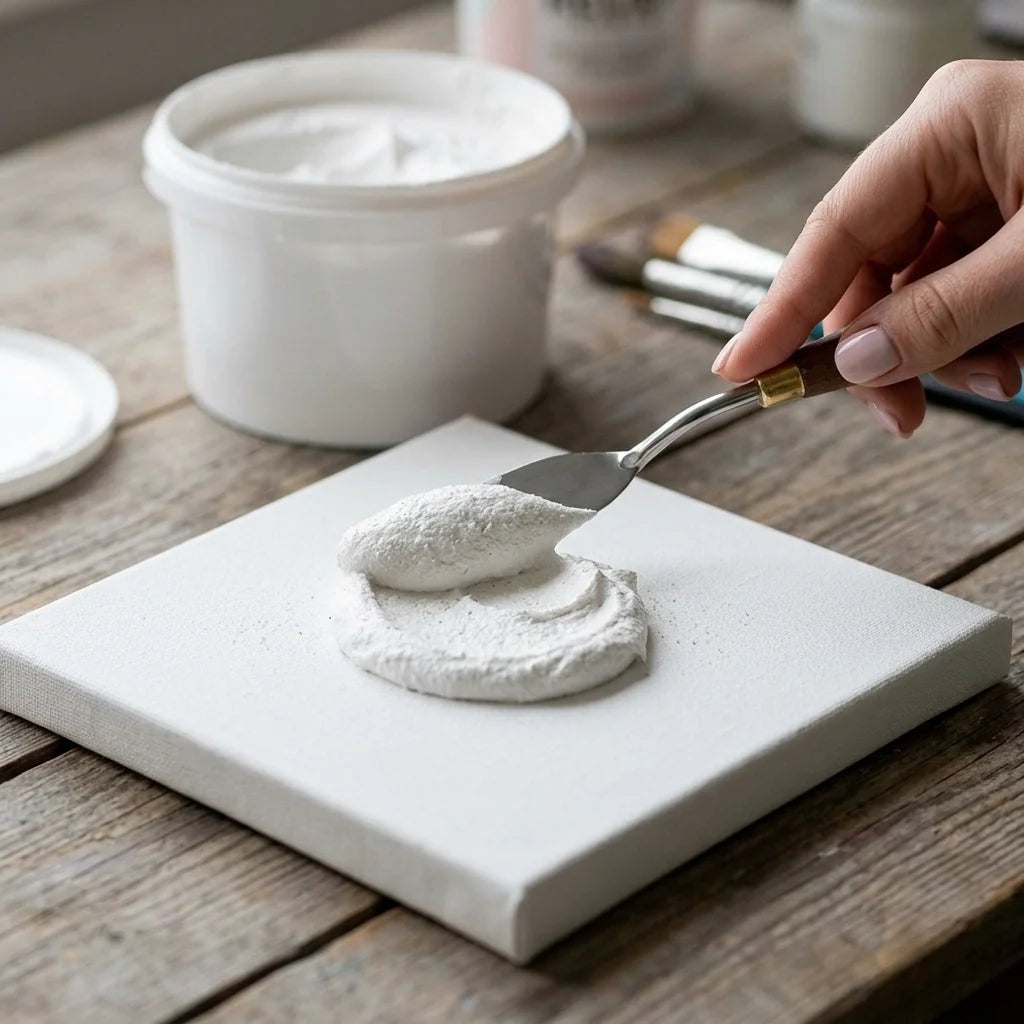 Nanašanje 3D reliefne paste za modeliranje s slikarsko lopatico na platno