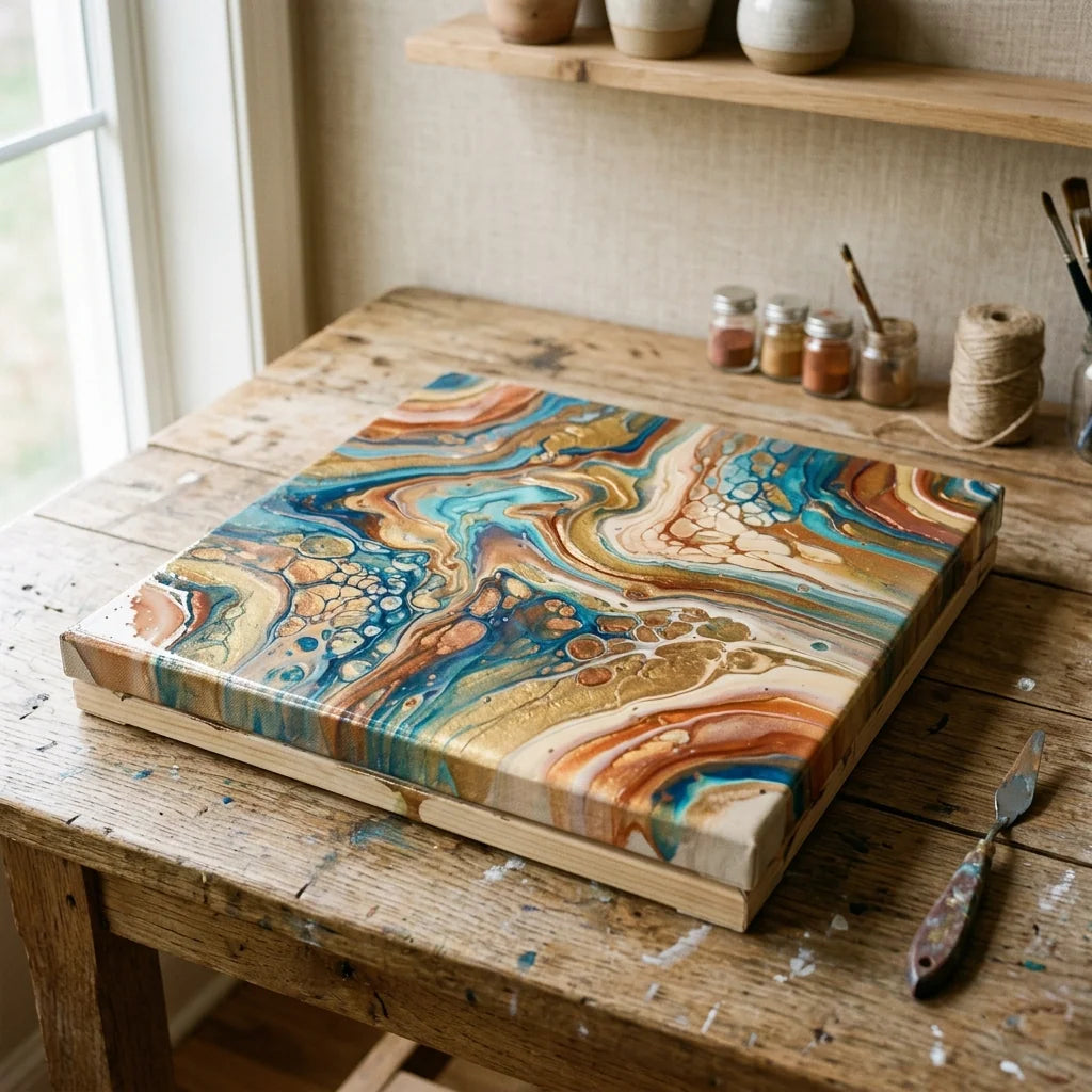 Fluid art slika se suši v vodoravni legi