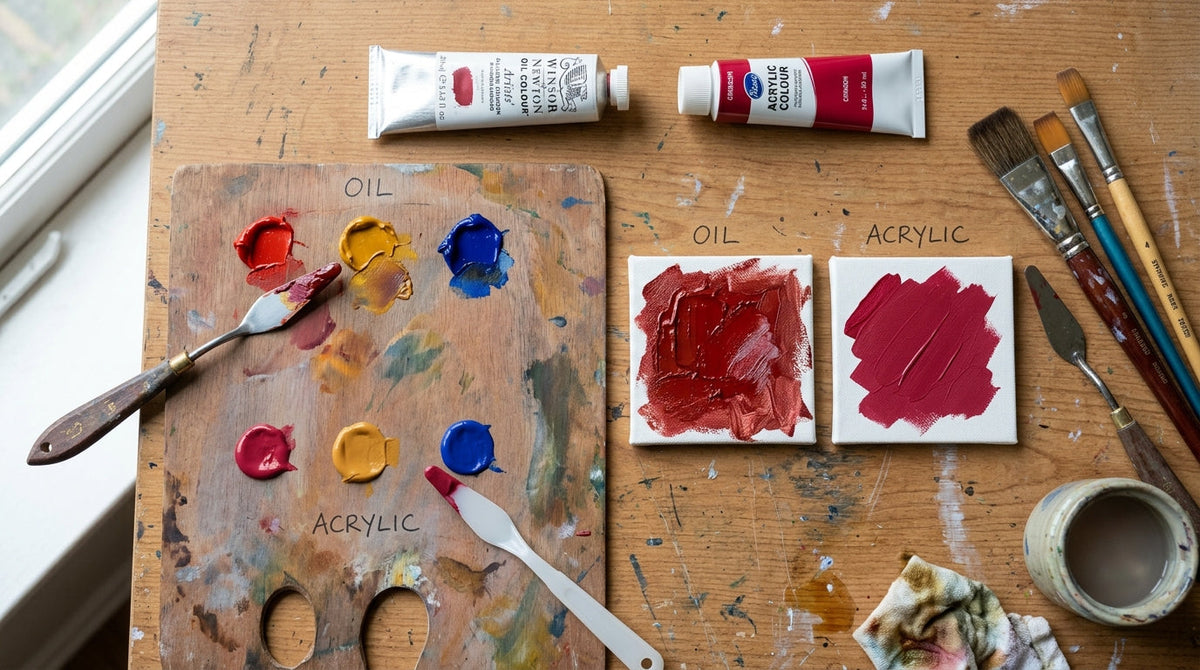Vergleich von Öl- und Acrylfarben mit Palette