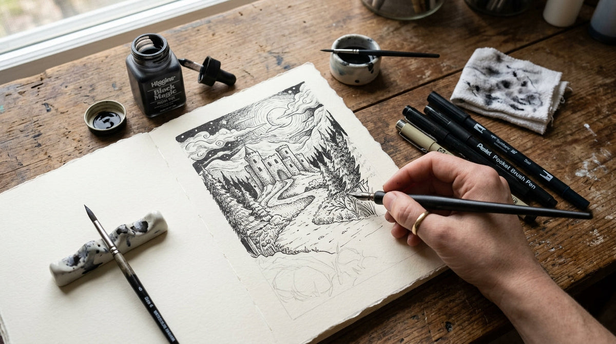 Σχέδιο με μελάνι για το Inktober χρησιμοποιώντας πένες και μελάνι