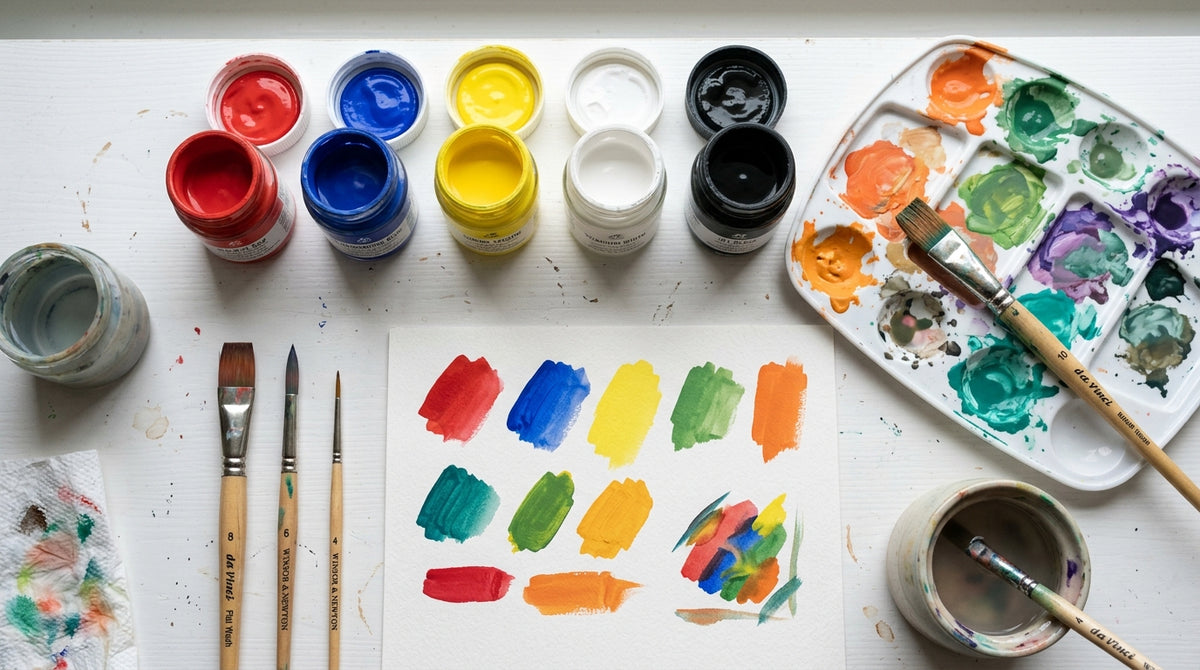 Set di colori a guazzo con pennelli e tavolozza