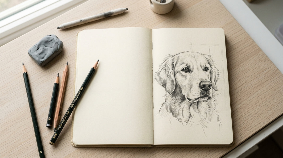 Sketchbook con disegno di cane a matita in corso
