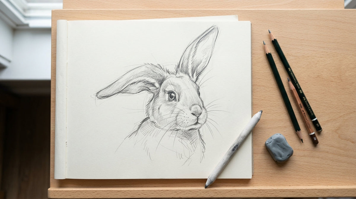 Sketchbook con disegno di coniglio a matita in corso
