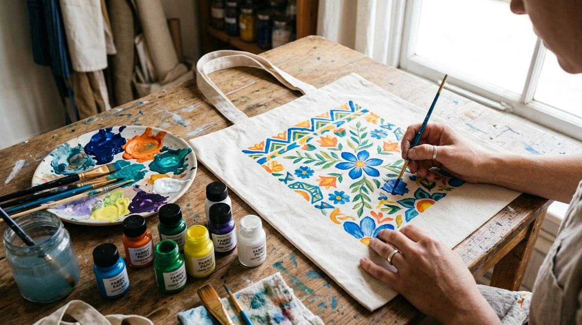 Tote bag in cotone dipinto con colori per tessuti