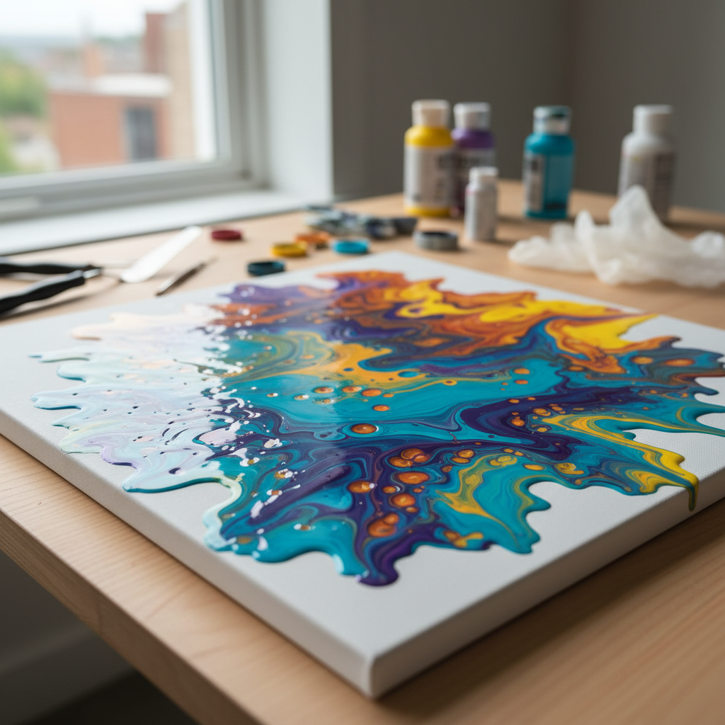 colorful acrylic paint pour on canvas