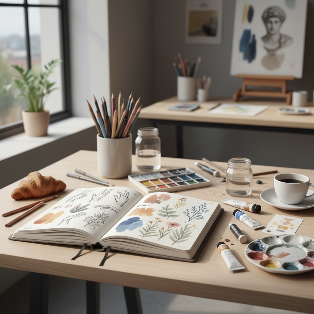 artist sketchbook with various studies
