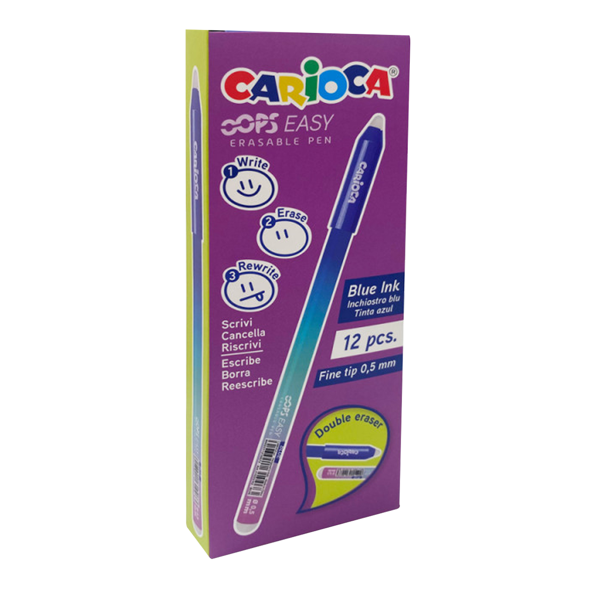 Brljivo pisalo Carioca Oops Easy, modro polnilo, paket 12 kos