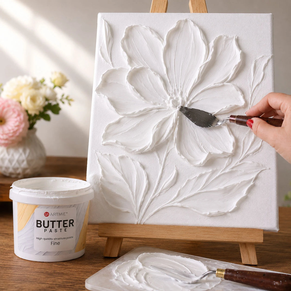 Cvetlična 3D reliefna slika, izdelana s pasto za teksturo ARTMIE Butter Fine