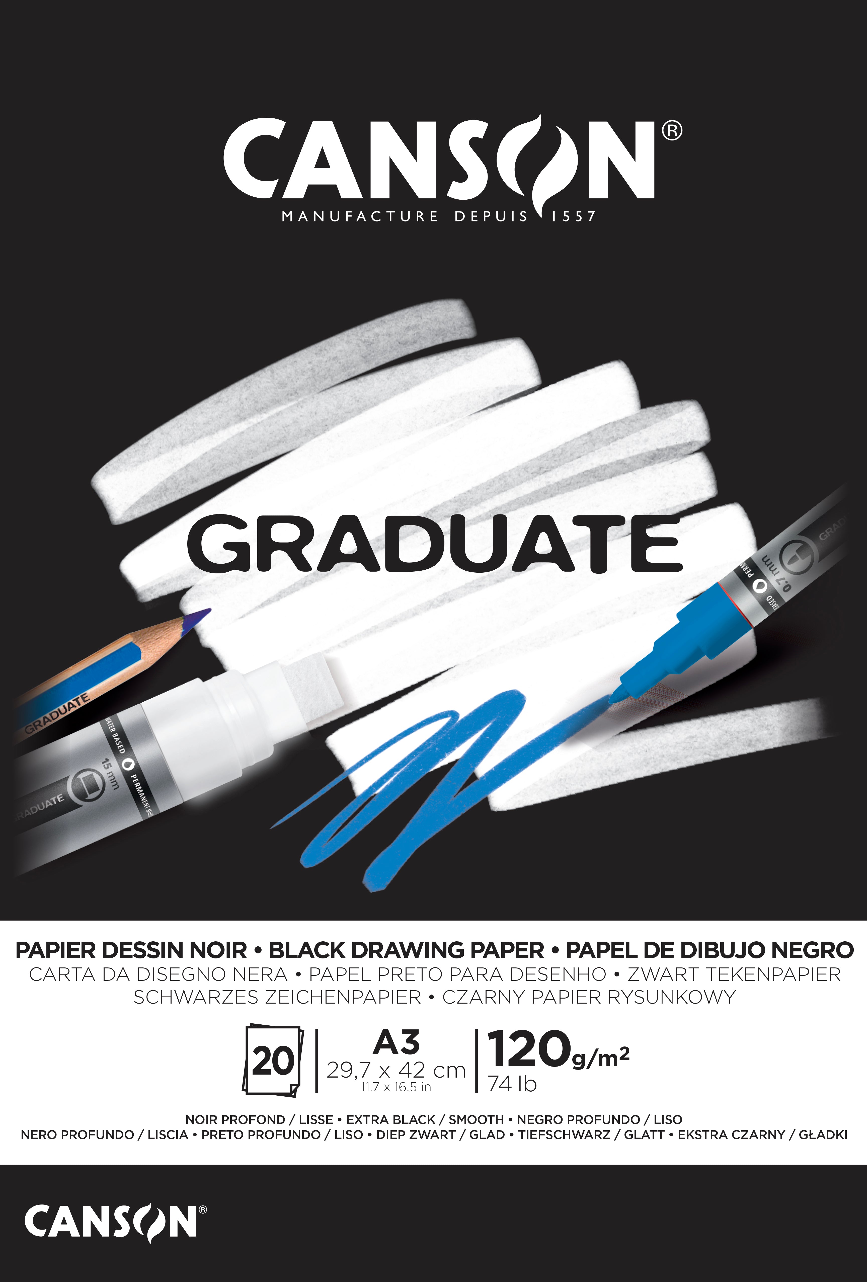 Črni skicirni blok CANSON Graduate 120 g/m² A3 - 20 listov, lepljen