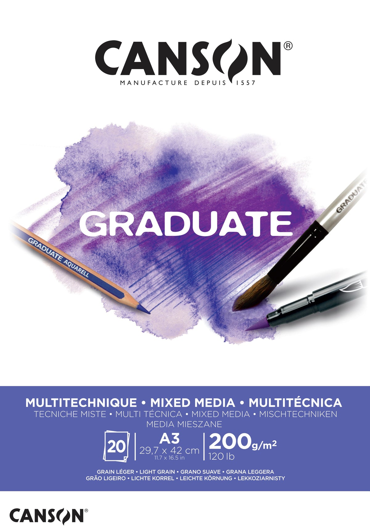 Canson Graduate Mix Media blok bel 200 g/m² - 20 listov, A3, lepljen