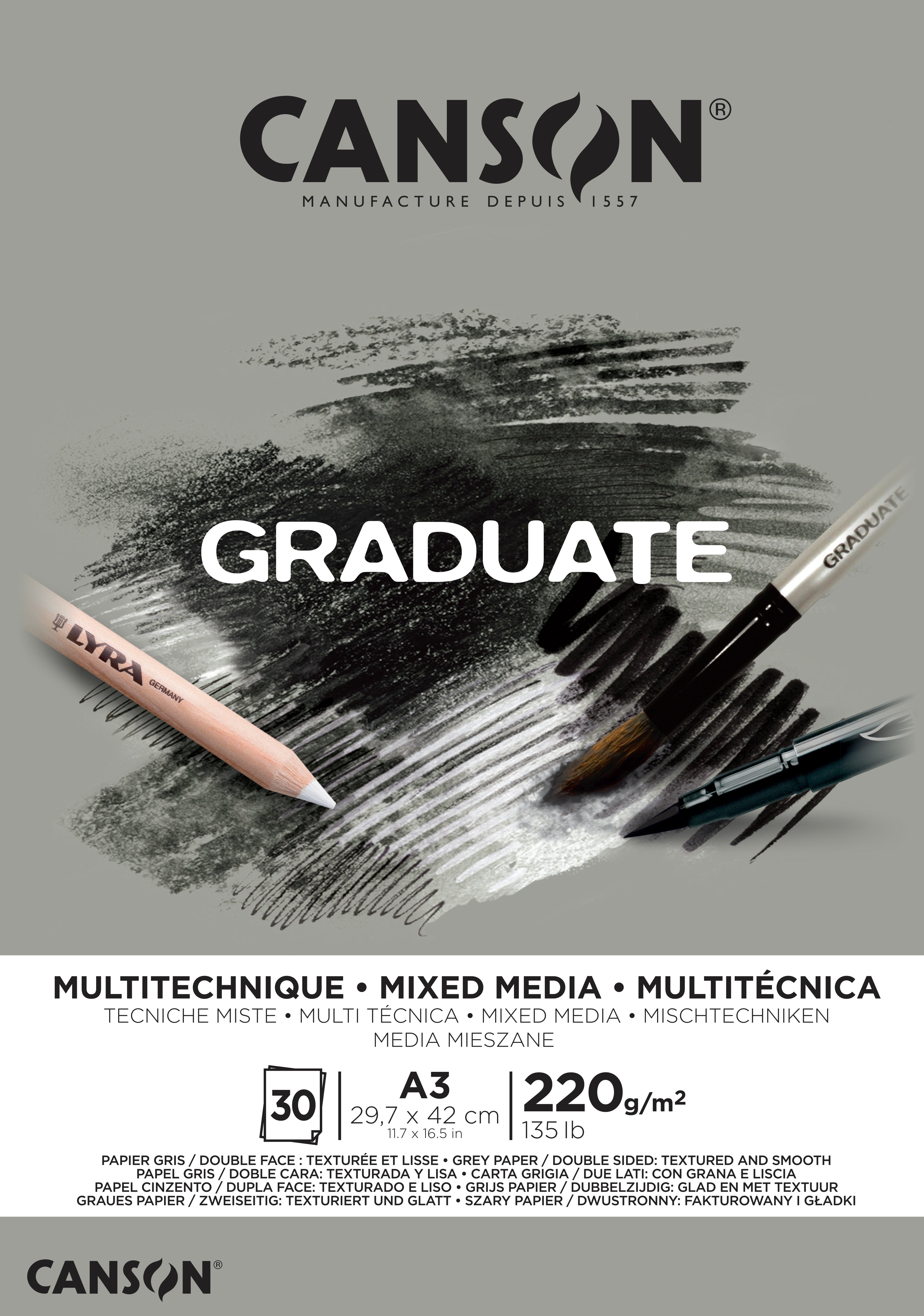 CANSON Graduate Mix Media sivi blok 220 g A3, 30 listov, lepljen