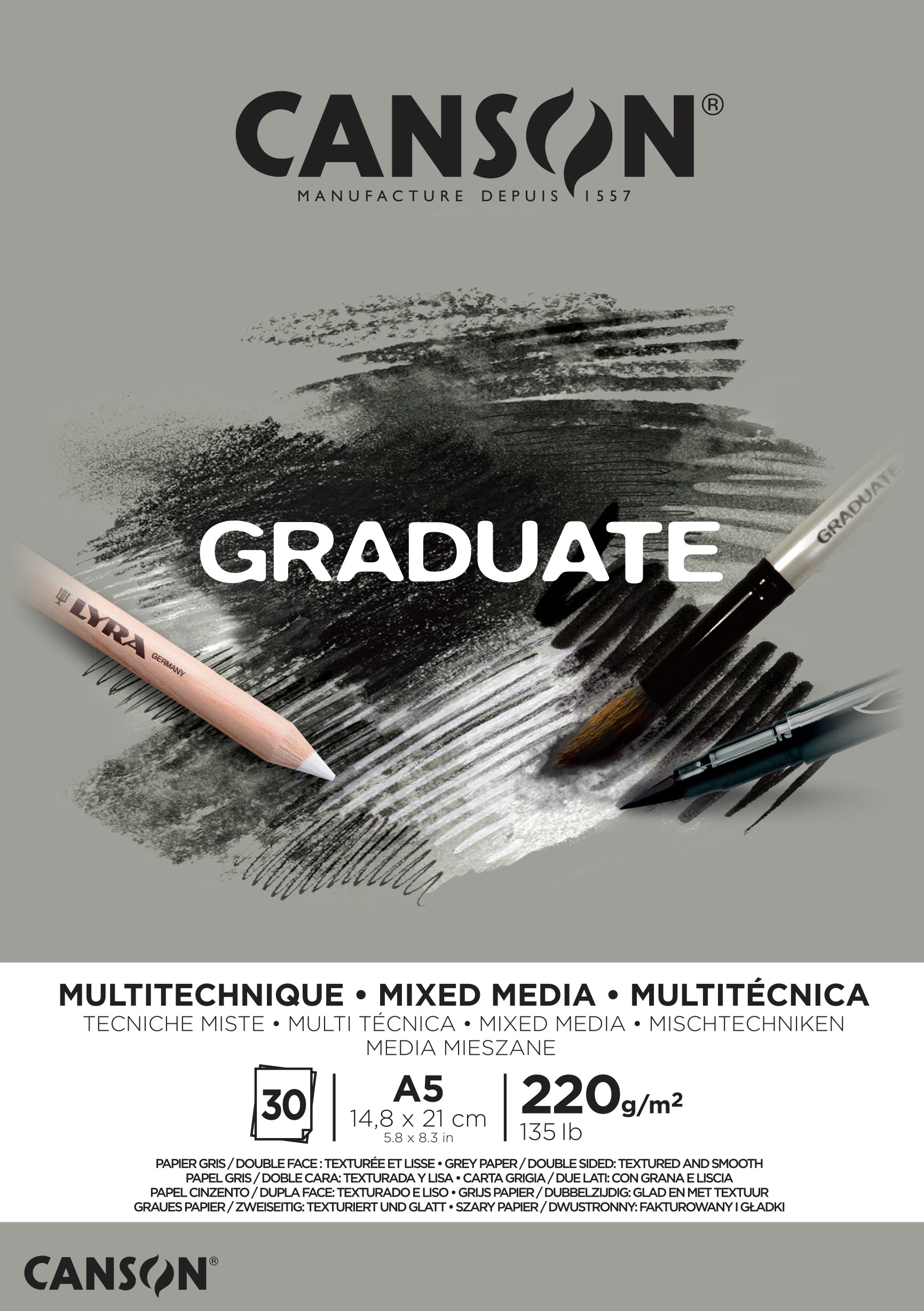 CANSON Graduate Mix Media sivi blok 220 g A5 - 30 listov lepljen