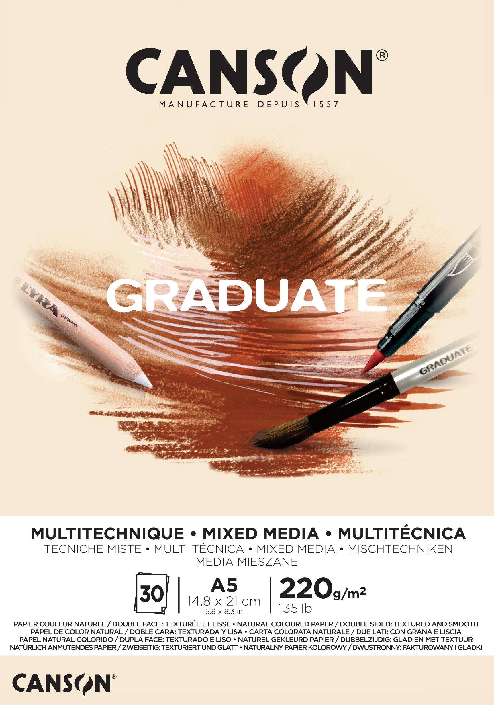Canson Graduate Mix Media blok Natural 220 g 30 listov A5 lepljen