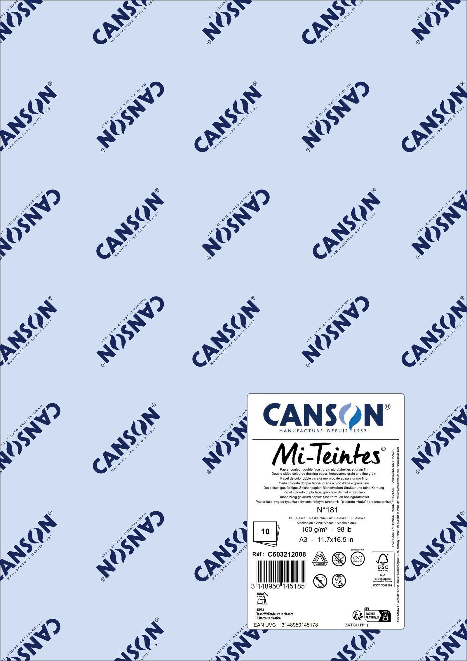 Papir za pastel Canson Mi-Teintes A3 160 g - 10 listov – Aljaska modra 181