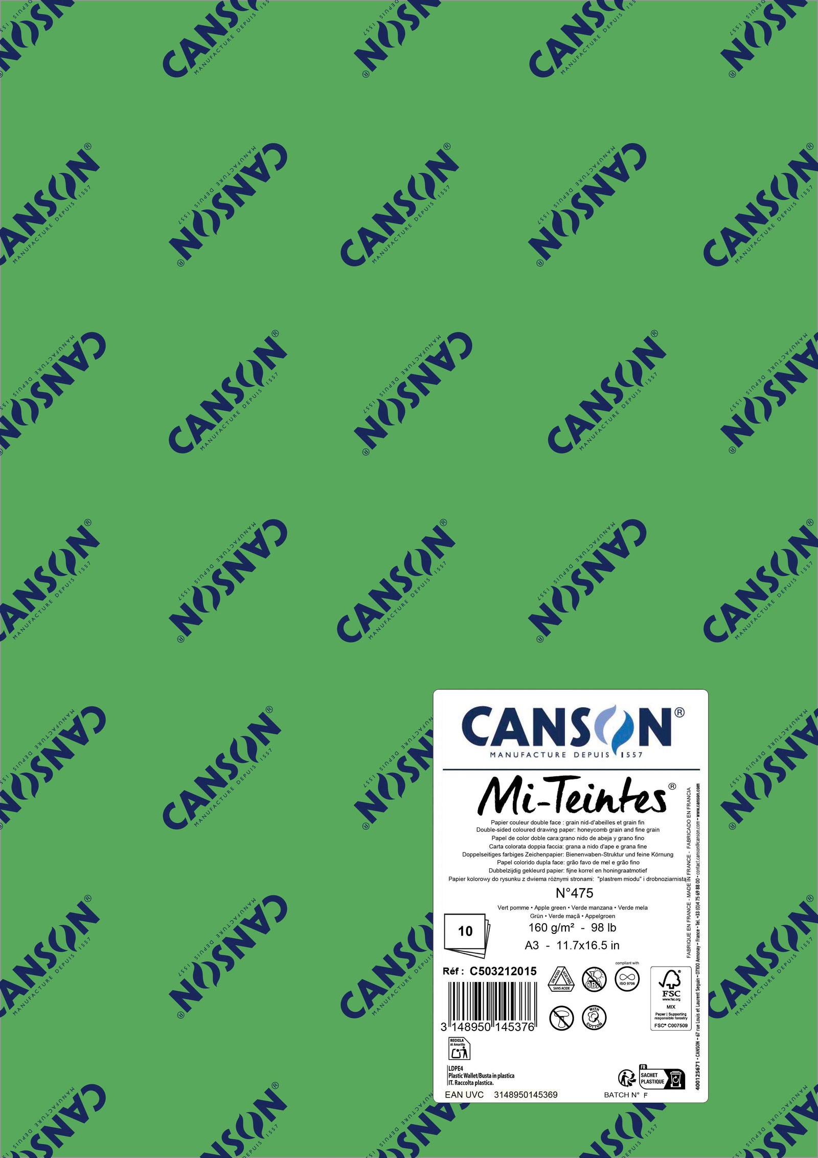 Papir za pastel Canson Mi-Teintes A3 160 g - 10 listov – Jabolčno zelena 475