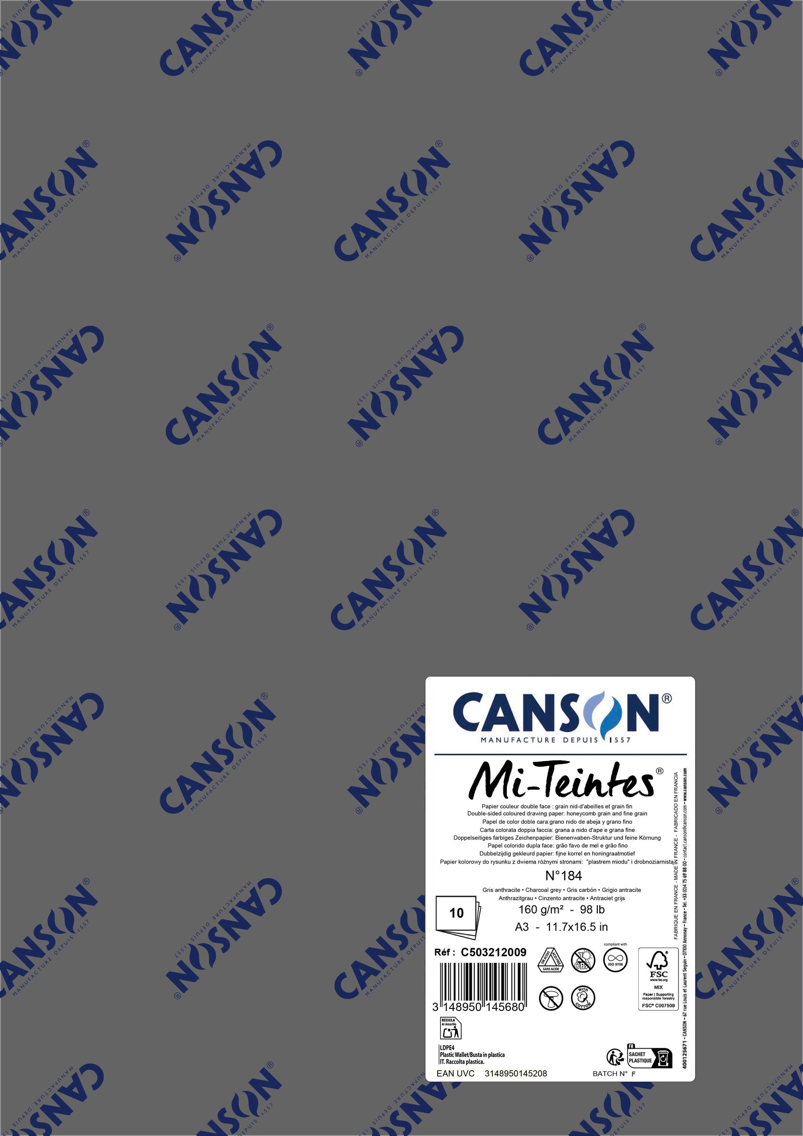 Papir za pastel Canson Mi-Teintes A3 160 g - 10 listov – Ogljeno siva 184