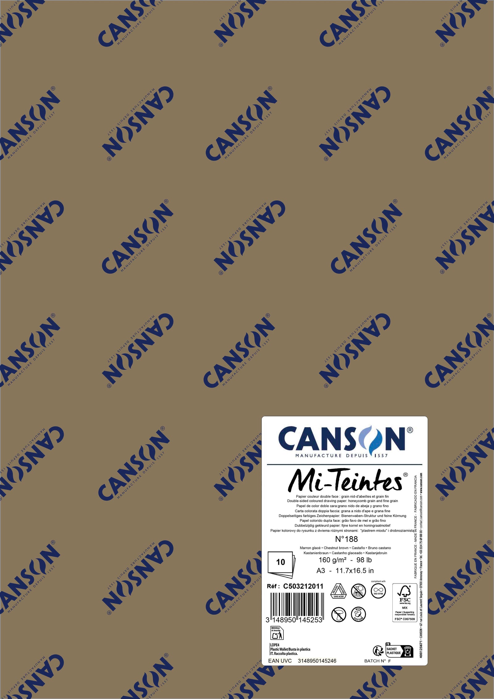 Papir za pastel Canson Mi-Teintes A3 160 g - 10 listov – Kostanjevo rjava 188