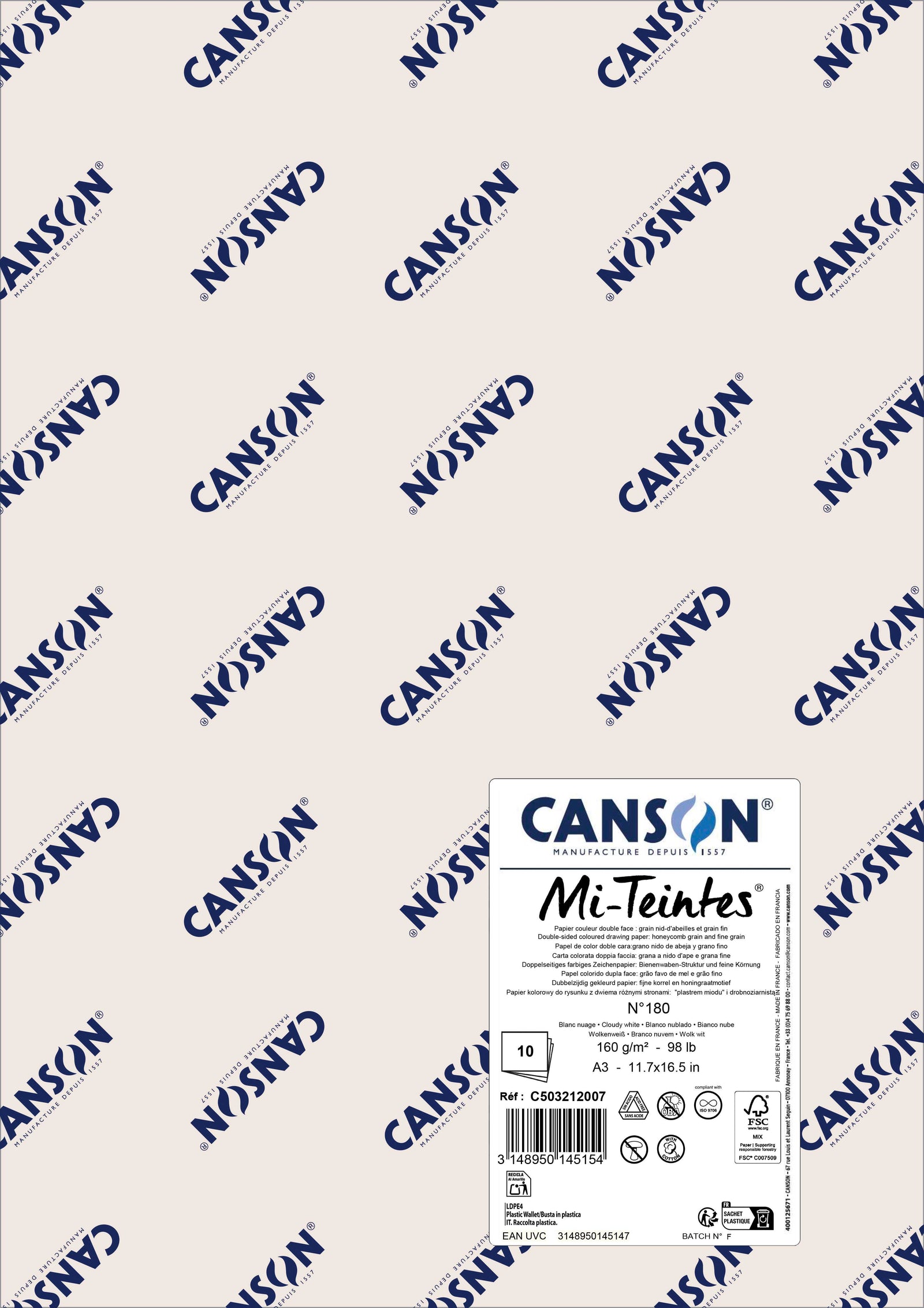Papir za pastel Canson Mi-Teintes A3 160 g - 10 listov – Oblačno bela 180