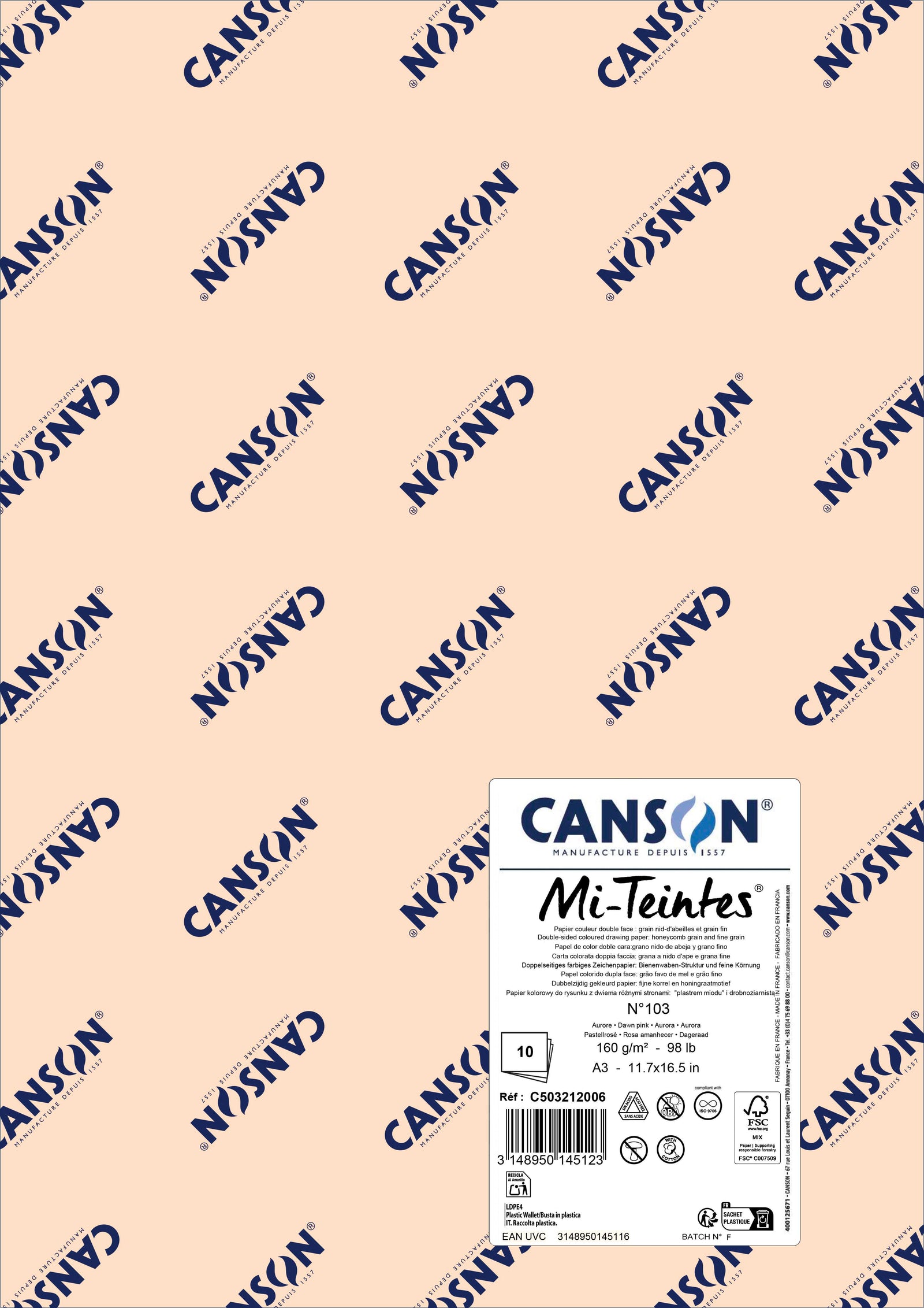 Papir za pastel Canson Mi-Teintes A3 160 g - 10 listov – Jutranje roza 103