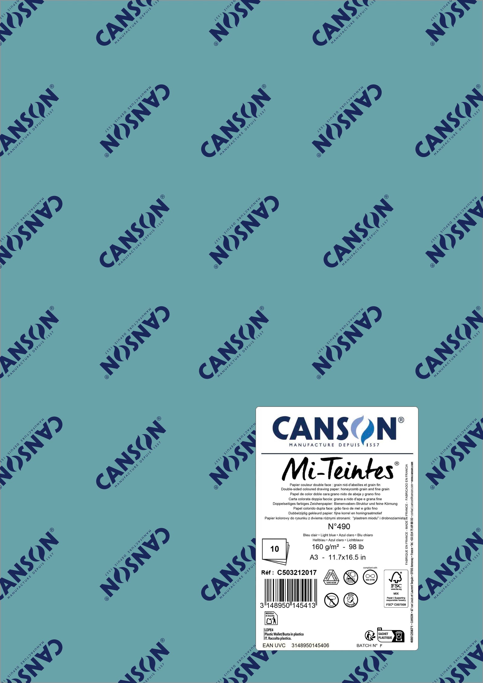 Papir za pastel Canson Mi-Teintes A3 160 g - 10 listov – Svetlo modra 490