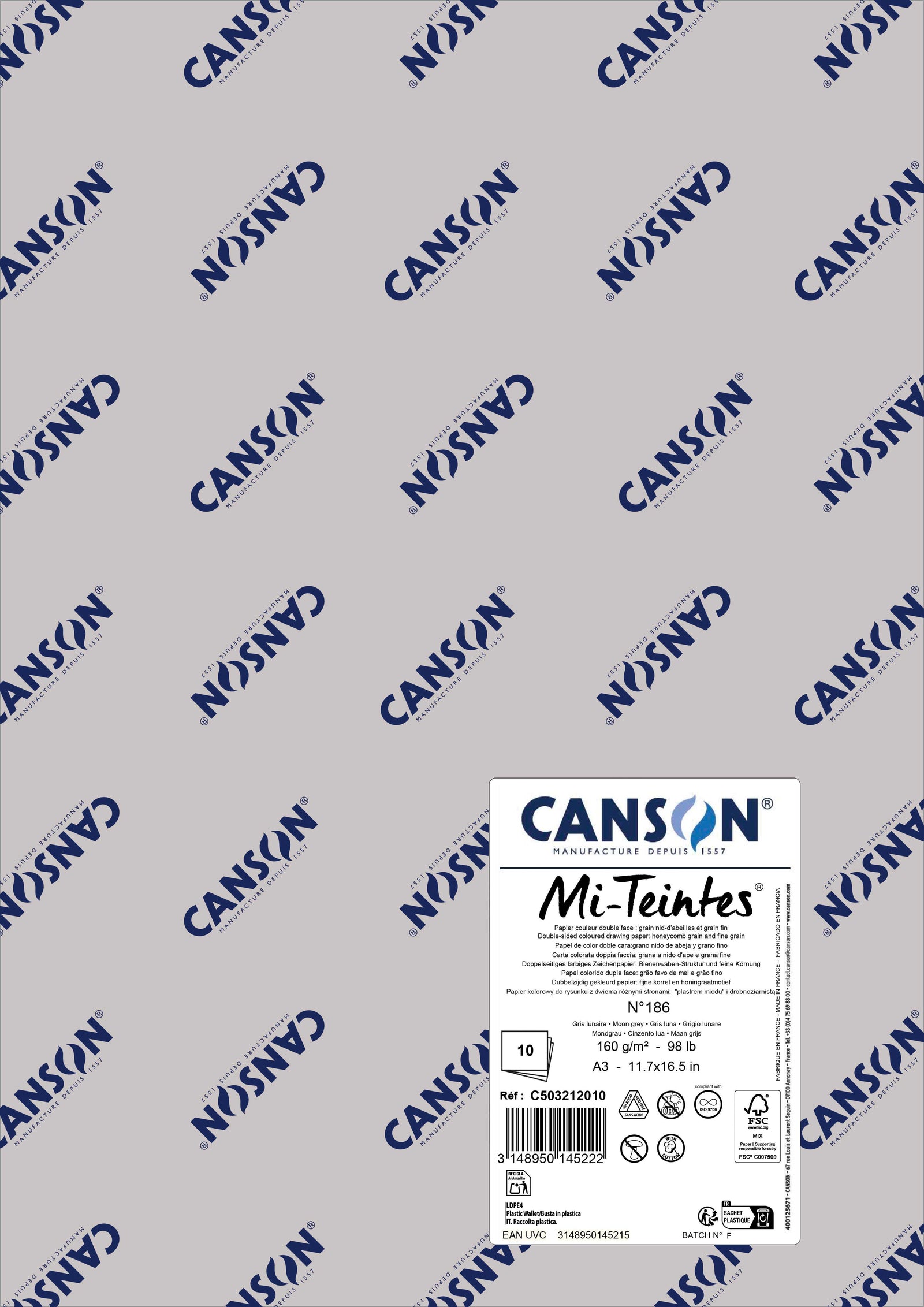 Papir za pastel Canson Mi-Teintes A3 160 g - 10 listov – Lunin siva 186