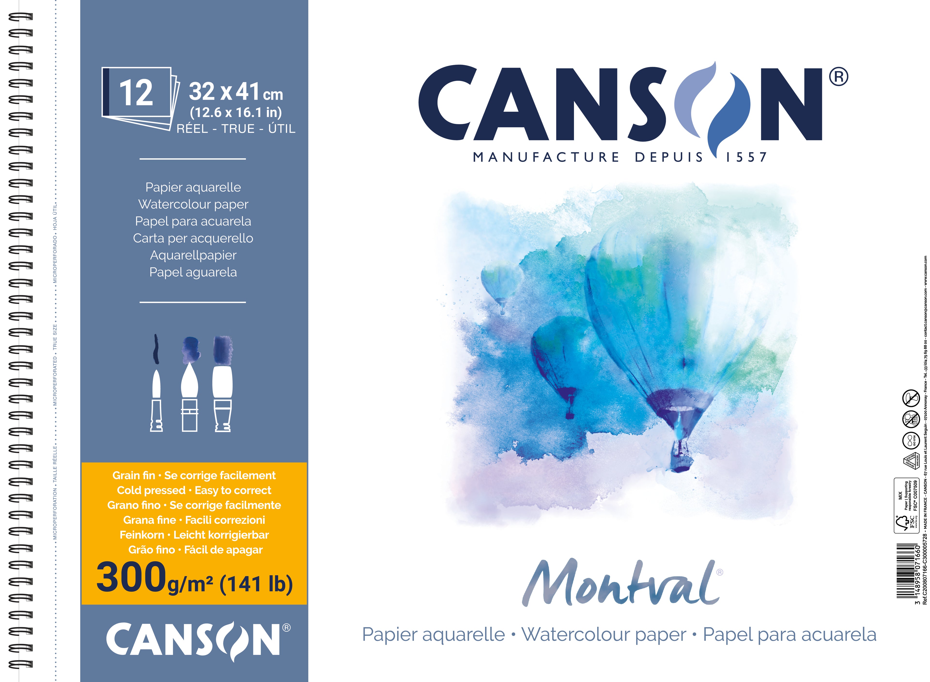CANSON Montval akvarelni blok CP 300 g/m² 12L 32 x 41 cm spiralna vezava