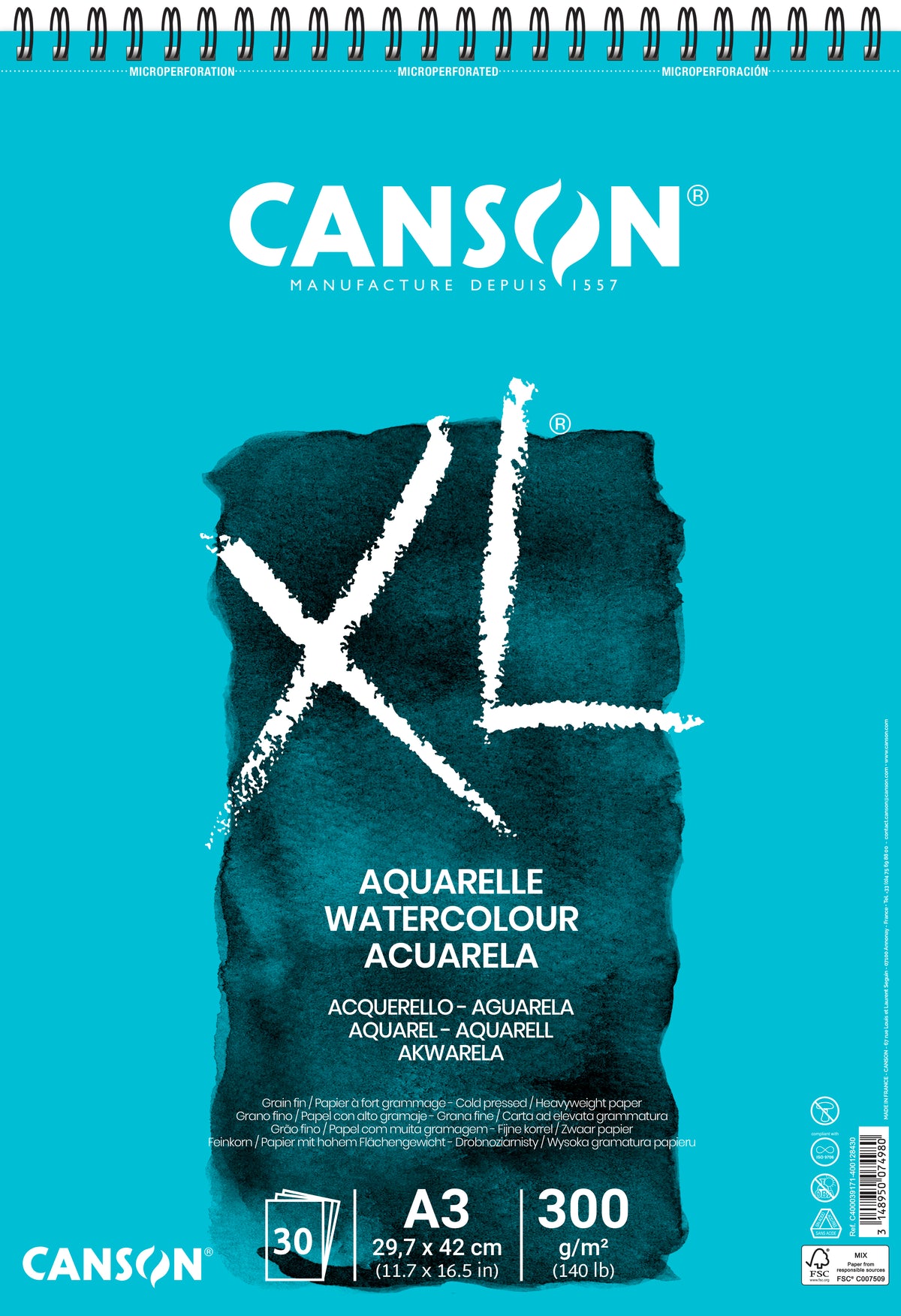 CANSON XL Aquarelle akvarelni blok 300 g/m² A3 - 30 listov, spirala