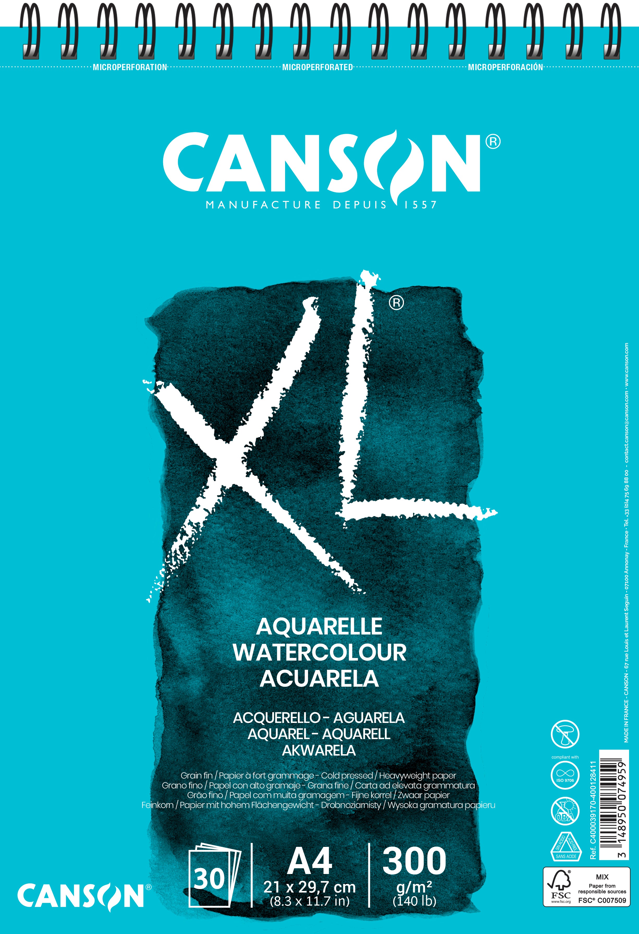 Canson XL akvarelni blok CP White 300 g/m² - 30 listov, A4, spiralna vezava