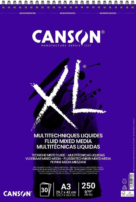 Canson XL Fluid Mix Media blok 250 g/m², 30 listov, A3, spiralna vezava