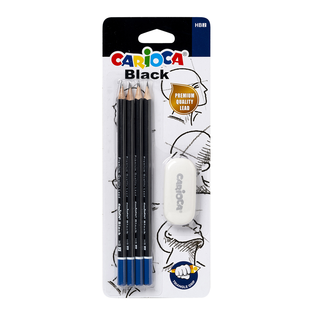Carioca komplet trikotnih svinčnikov Black 2/HB z radirko, 4 kosi