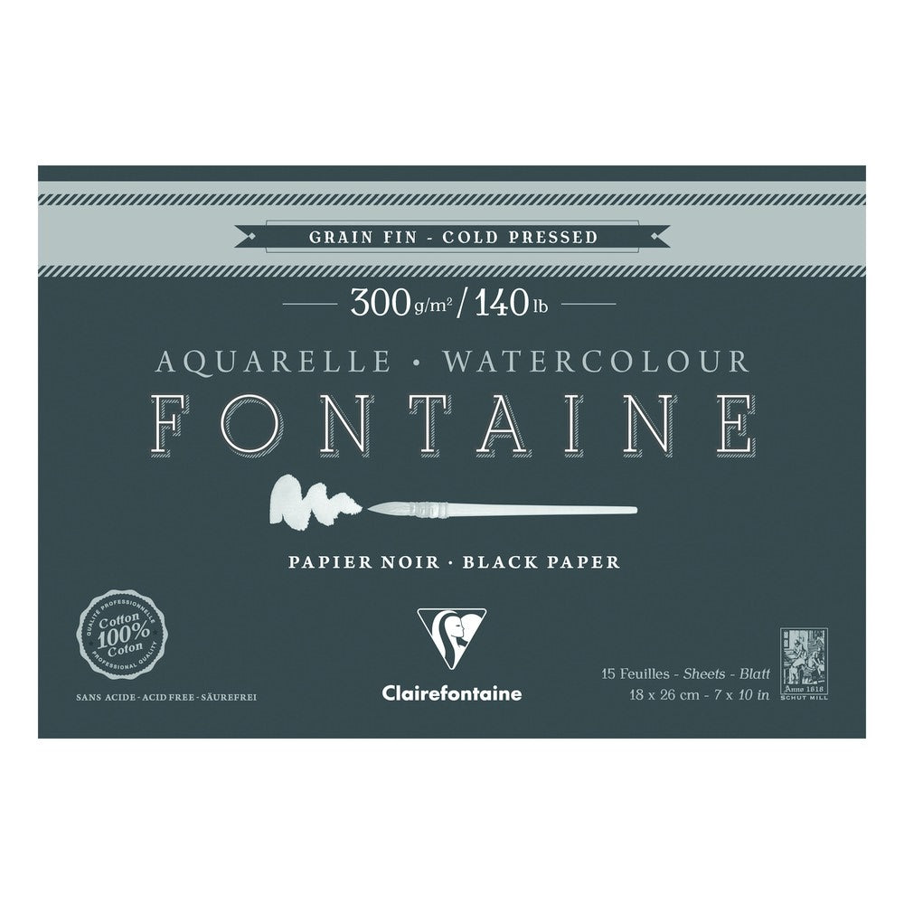 Clairefontaine Fontaine akvarelni blok CP Black 300 g 15L x 26 cm lepljen po obodu – 18