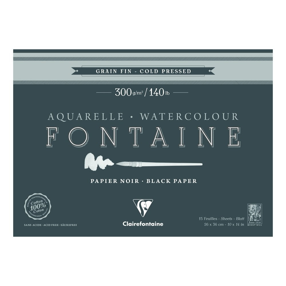 Clairefontaine Fontaine akvarelni blok CP Black 300 g 15L x 26 cm lepljen po obodu – 36