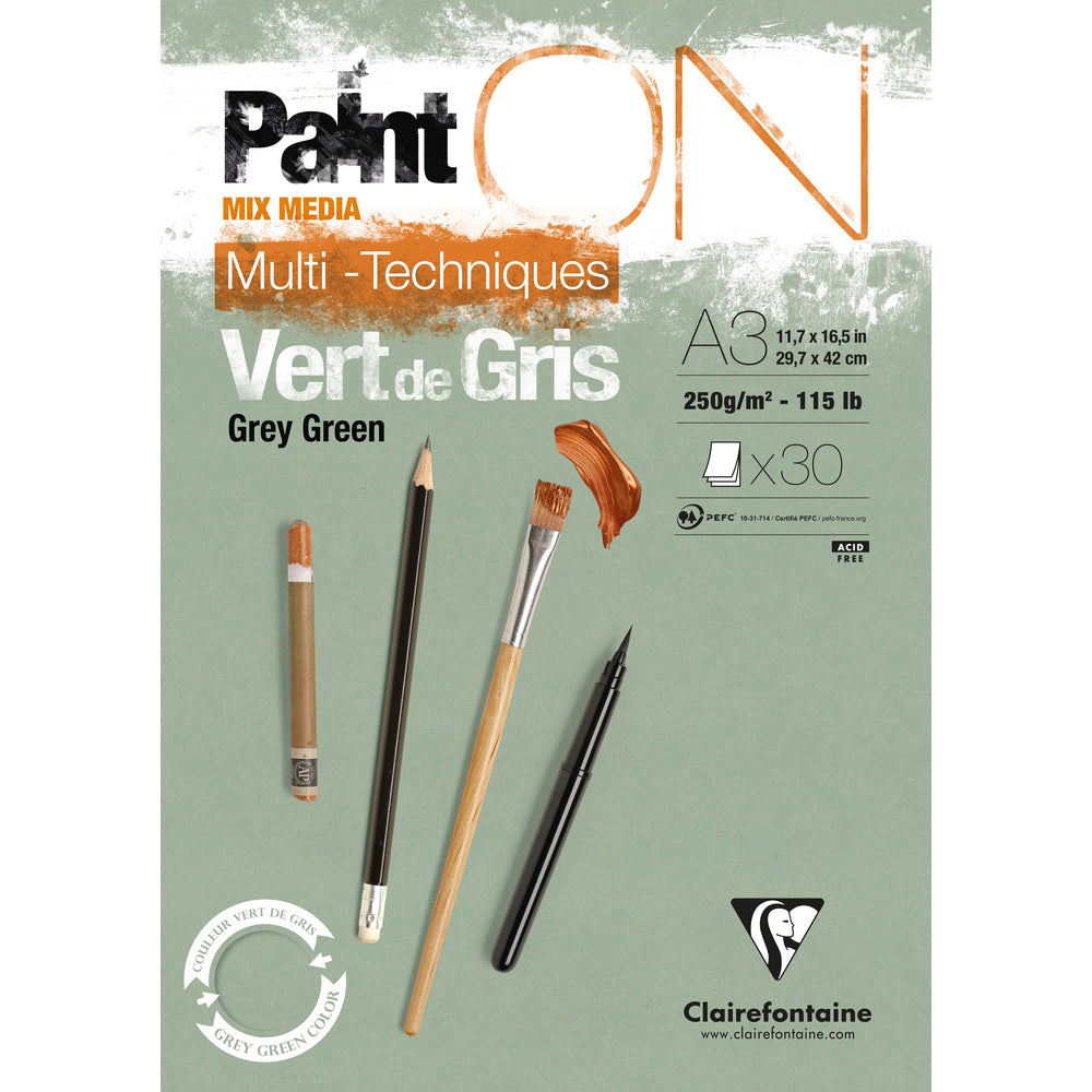 Clairefontaine Paint'On Mix Media lepljen blok 250 g – 30L A3 sivo zelena