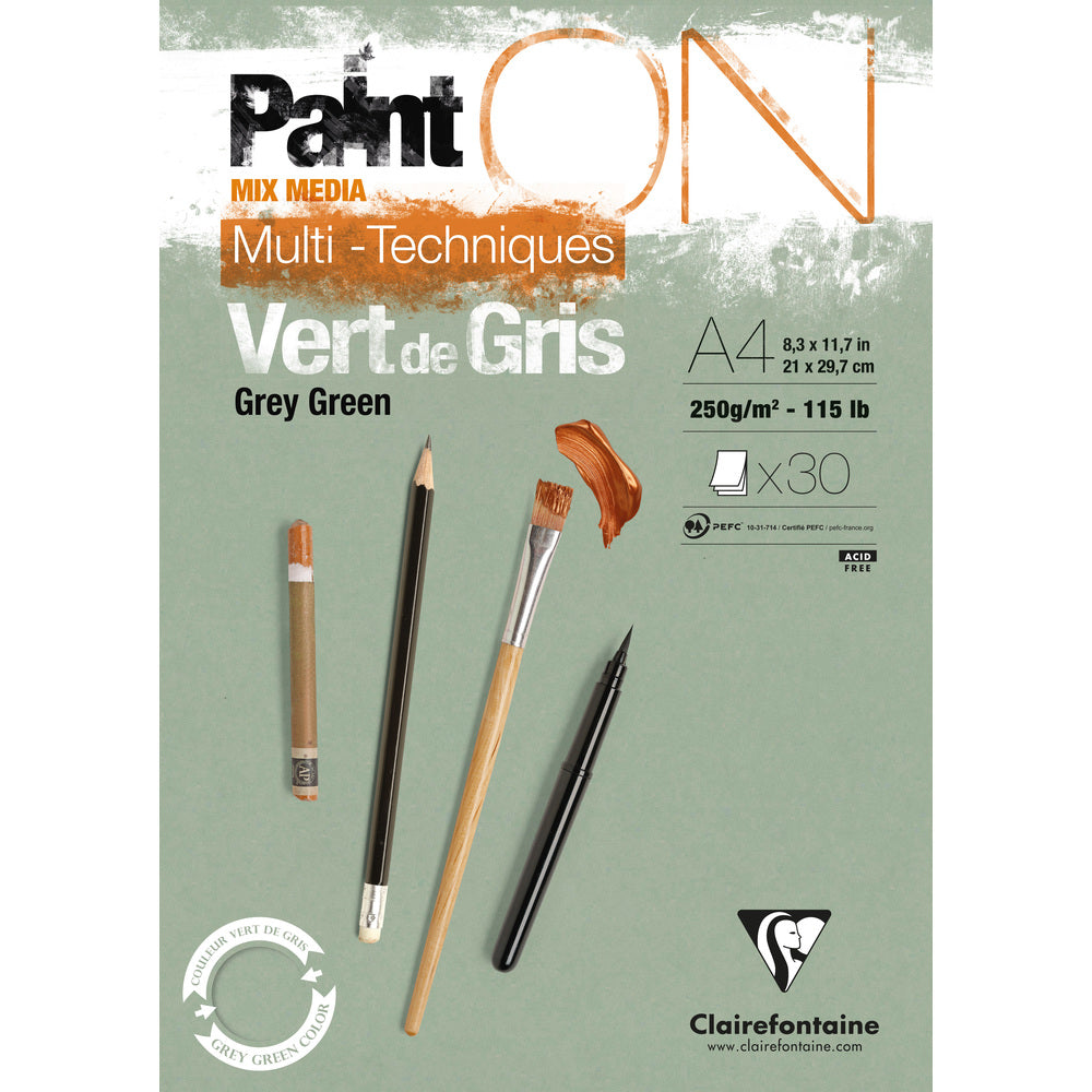 Clairefontaine Paint'On Mix Media lepljen blok 250 g – 30L A4 sivo zelena