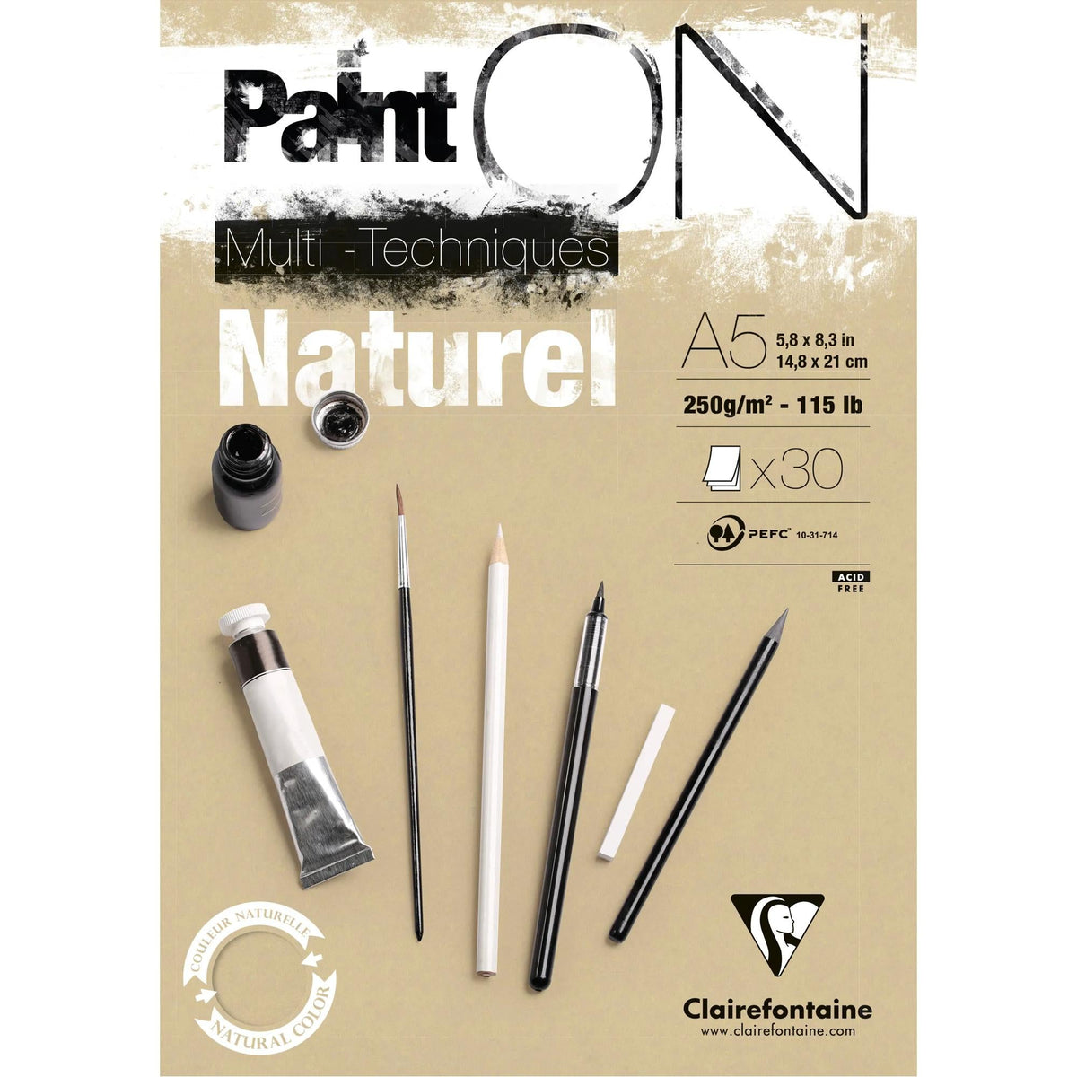 Blok za mešane tehnike CLAIREFONTAINE Paint'On naravni 250 g/m² – 30 listov – A5