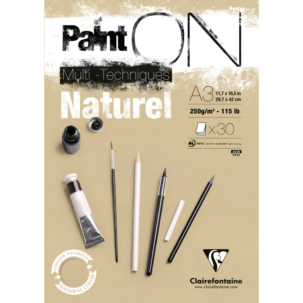 Blok za mešane tehnike CLAIREFONTAINE Paint'On naravni 250 g/m² – 30 listov – A3