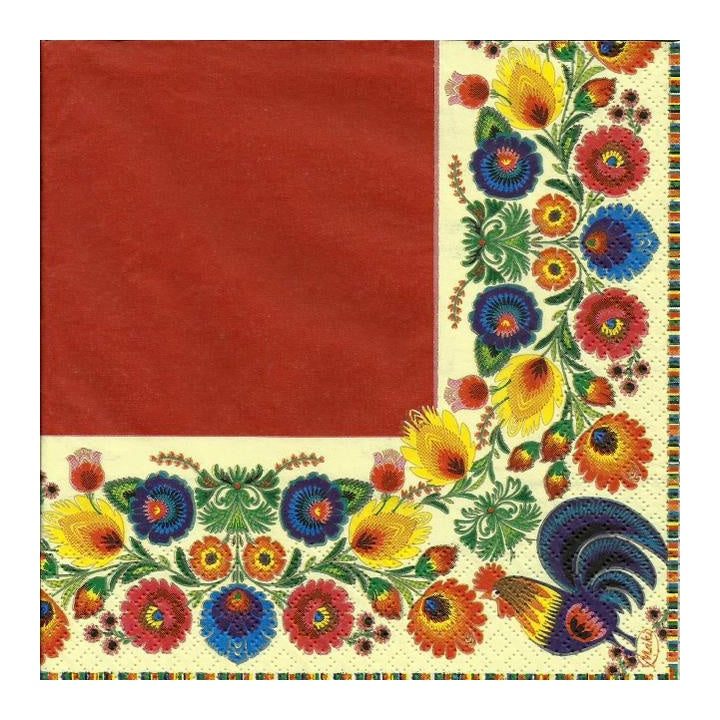 Eko serviete za decoupage Folk Cocks Red & Cream - 1 kos