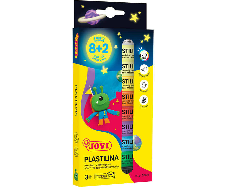 JOVI Glow naravni plastelin 10 x 15 g – 8 barv + 2, ki se svetita v temi