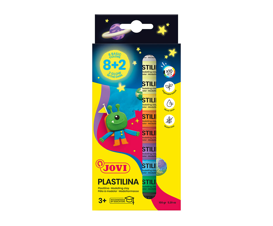 JOVI Glow naravni plastelin 10 x 15 g – 8 barv + 2, ki se svetita v temi