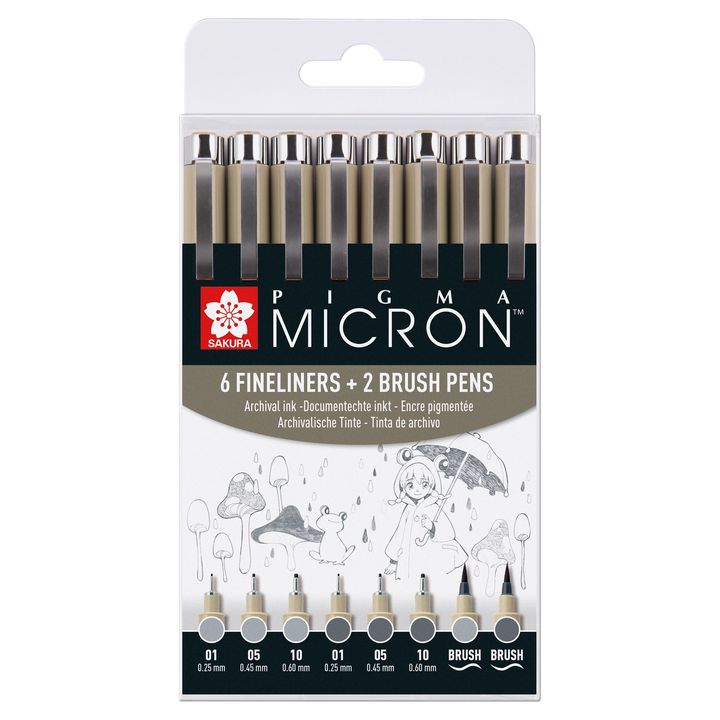 Komplet tehničnih pisal Sakura Pigma Micron sivi odtenki 8 kosov