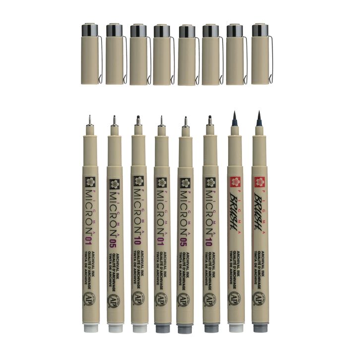 Komplet tehničnih pisal Sakura Pigma Micron sivi odtenki 8 kosov – pogled 2