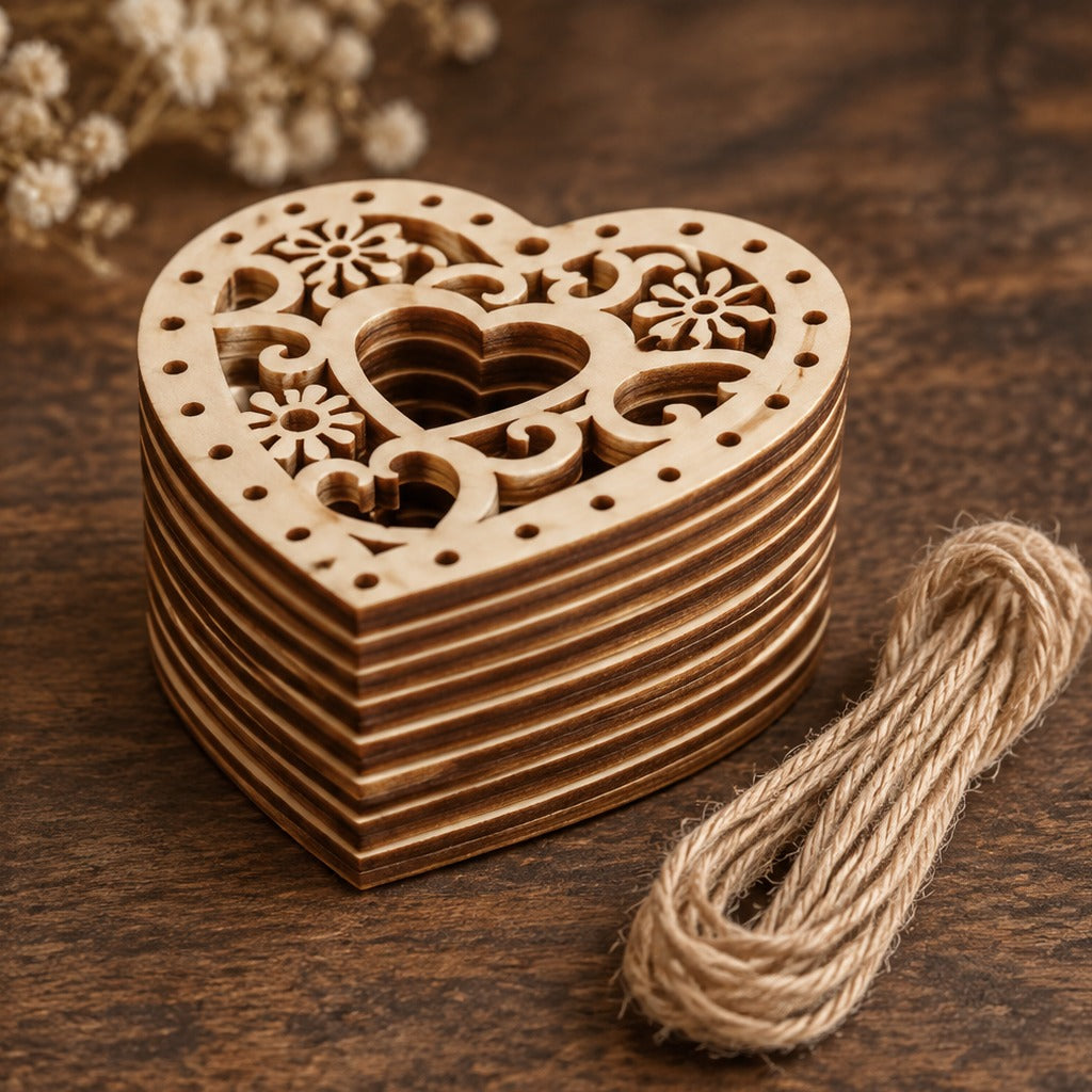 Leseni izrezki srček z ornamentom 5 x 5 cm - set 5 kosov
