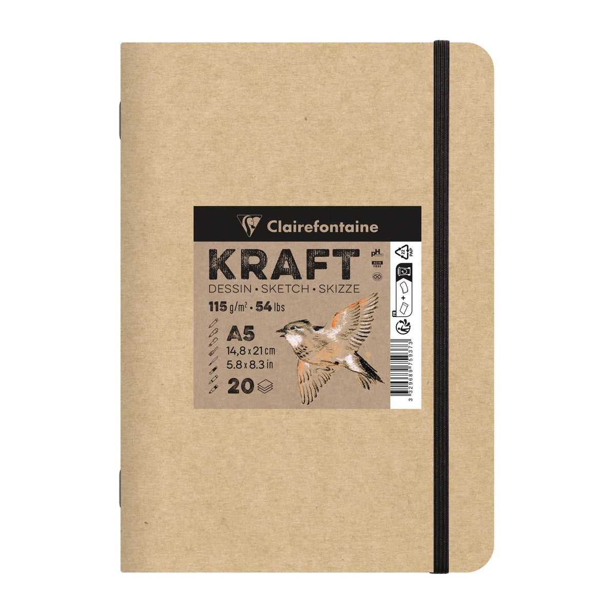 Papirni blok Kraft CLAIREFONTAINE 115 g/m² – A5 – A4, 20 listov
