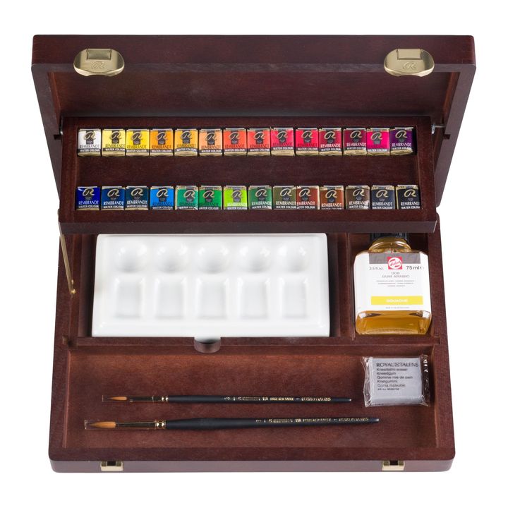 Profesionalni leseni kovček za akvarelne barve Rembrandt 28 posodic in dodatkov – pogled 2