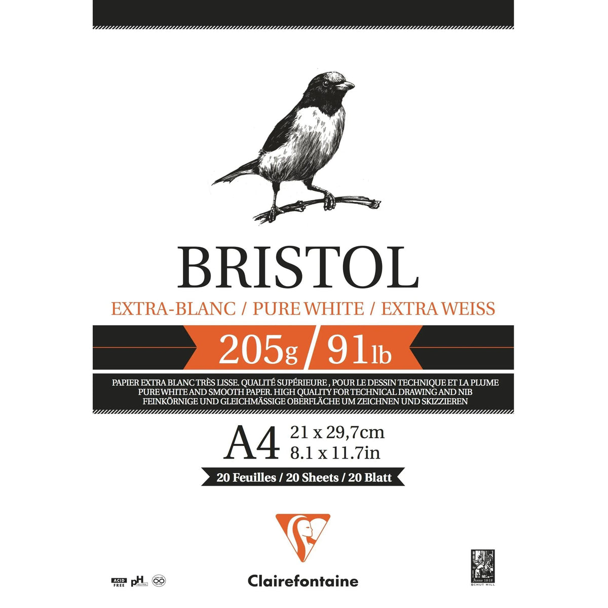 Risarški blok Clairefontaine Bristol 205 g/m² – 20 listov, A4 – A3