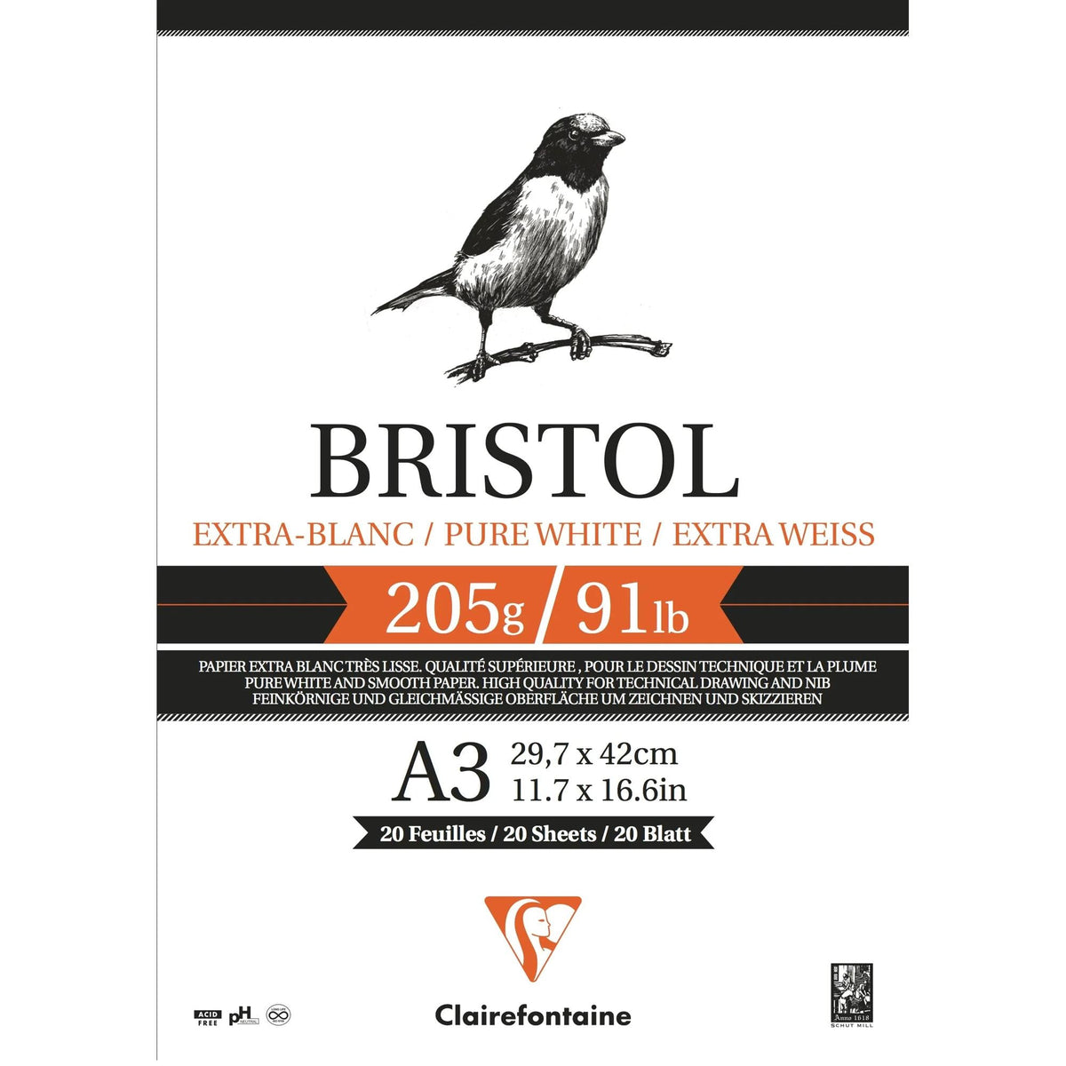 Risarški blok Clairefontaine Bristol 205 g/m² – 20 listov, A4 – A3