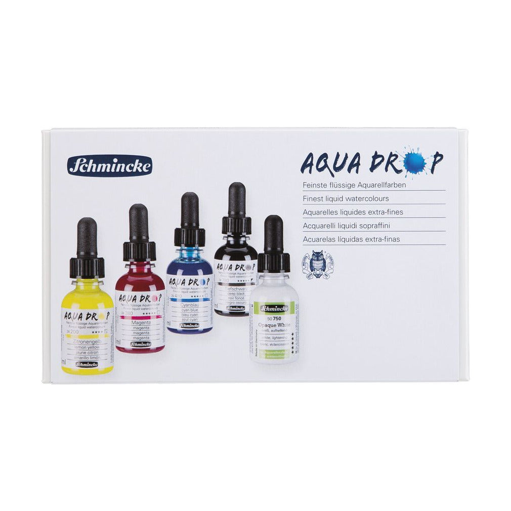 Schmincke AQUA DROP set v kartonski embalaži, 5 x 30 ml (primarne barve) + prekrivna bela