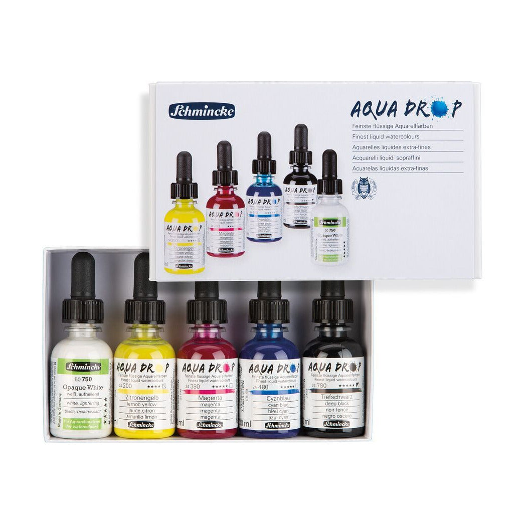 Schmincke AQUA DROP set v kartonski embalaži, 5 x 30 ml (primarne barve) + prekrivna bela