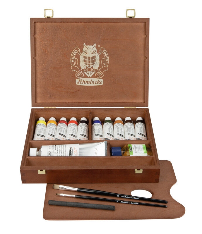 Schmincke MUSSINI lesena kazeta, 10 x 35 ml + bela 150 ml