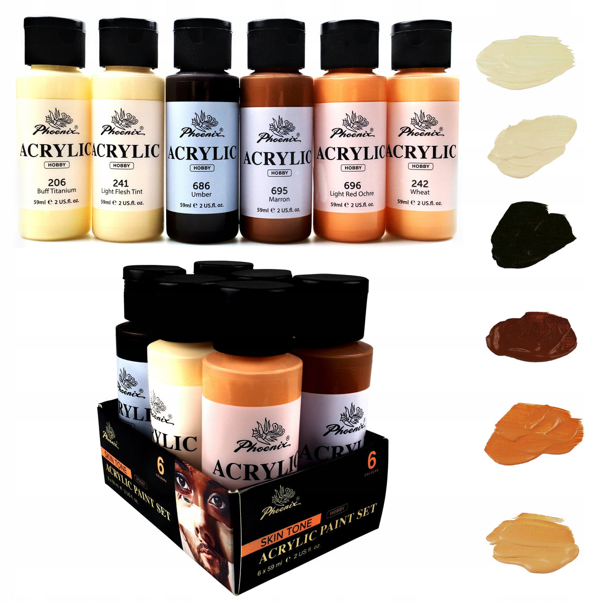 Set 6 akrilnih barv Phoenix – kožni odtenki, 6 x 59 ml